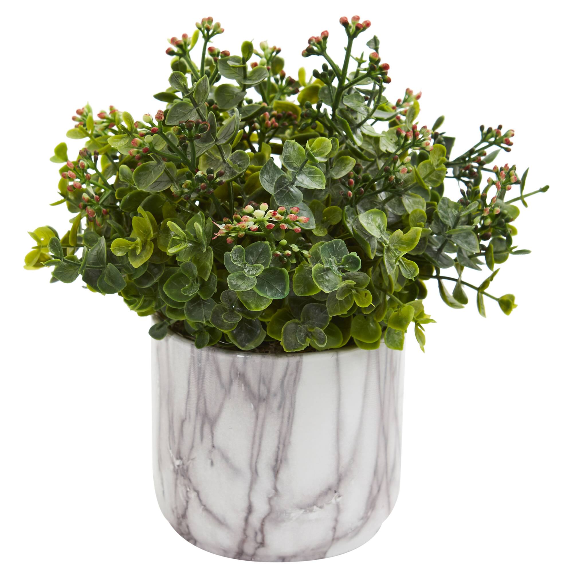 9" Eucalyptus Plant in Decorative Marble Finished Vase